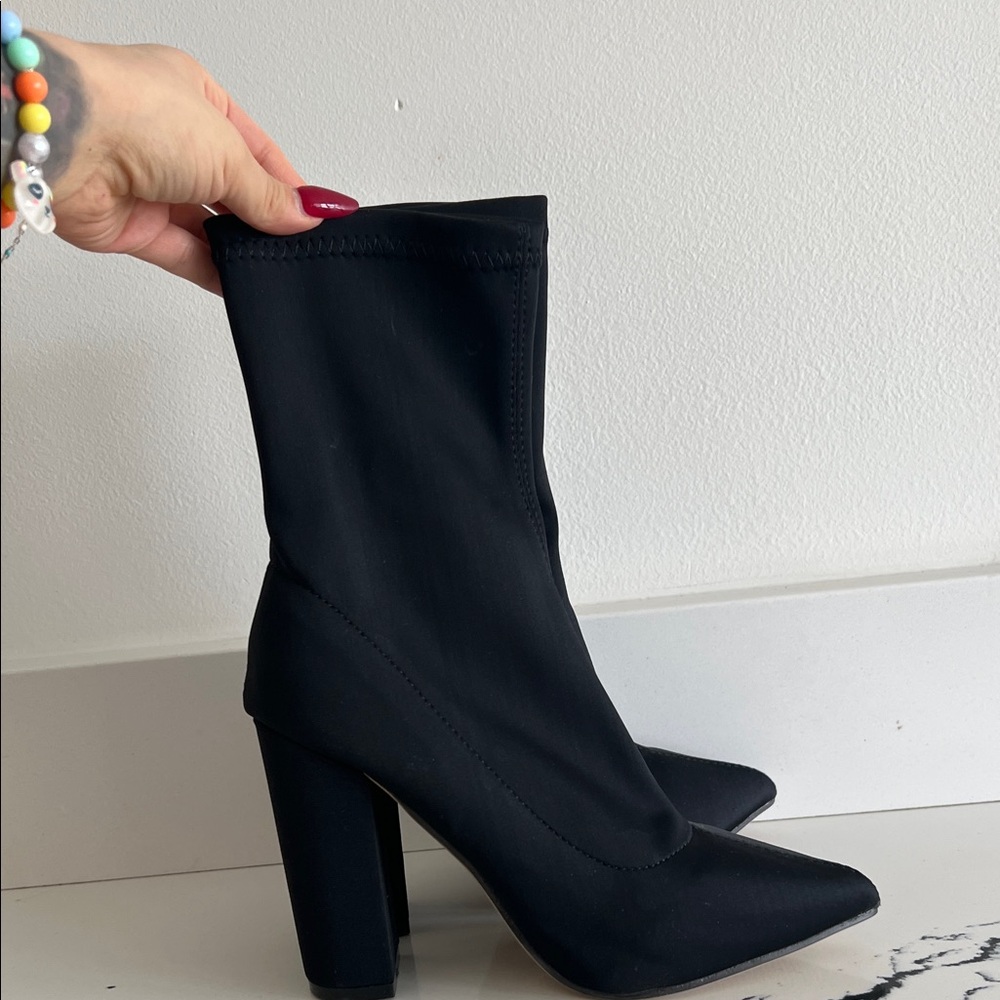 Black Stretch Pointed Toe Block Heel Ankle Boots